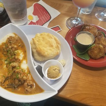 Ruby Sunshine Knoxville - BBQ shrimp and grits with a side order of fried green tomatoes - Breakfast & Brunch Near Me - Knoxville, Tennessee