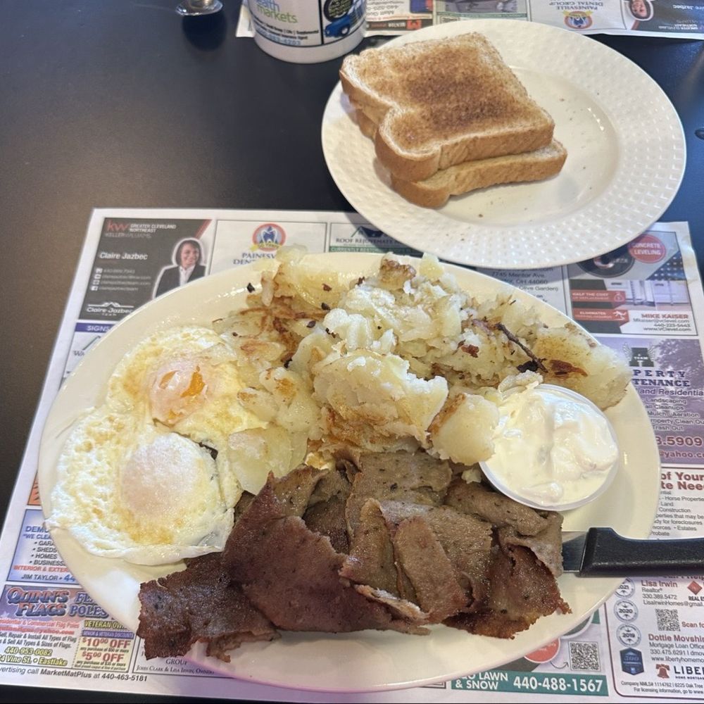 Stani’s Family Restaurant - Beef Gyro breakfast with eggs over medium, sliced potatoes and dry wheat toast - Wraps Near Me - Mentor, Ohio Stani’s Family Restaurant - Beef Gyro breakfast with eggs over medium, sliced potatoes and dry wheat toast - Wraps Near Me - Mentor, Ohio