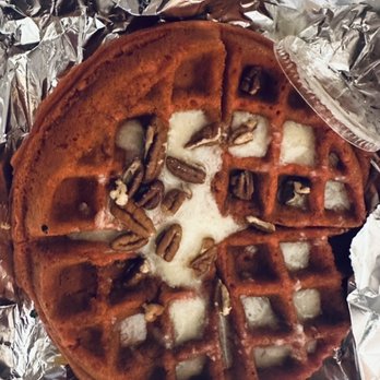 Krustaceans Seafood - Columbia - Red Velvet Waffle with pecans syrup n whipped butter - Seafood Near Me - Columbia, Missouri Krustaceans Seafood - Columbia - Red Velvet Waffle with pecans syrup n whipped butter - Seafood Near Me - Columbia, Missouri