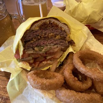 Hodad’s - (Half) Double Bacon Cheeseburger with Onion Rings - Burgers Near Me - San Diego, California Hodad’s - (Half) Double Bacon Cheeseburger with Onion Rings - Burgers Near Me - San Diego, California