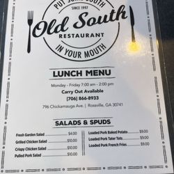 Old South Restaurant - Menu Front