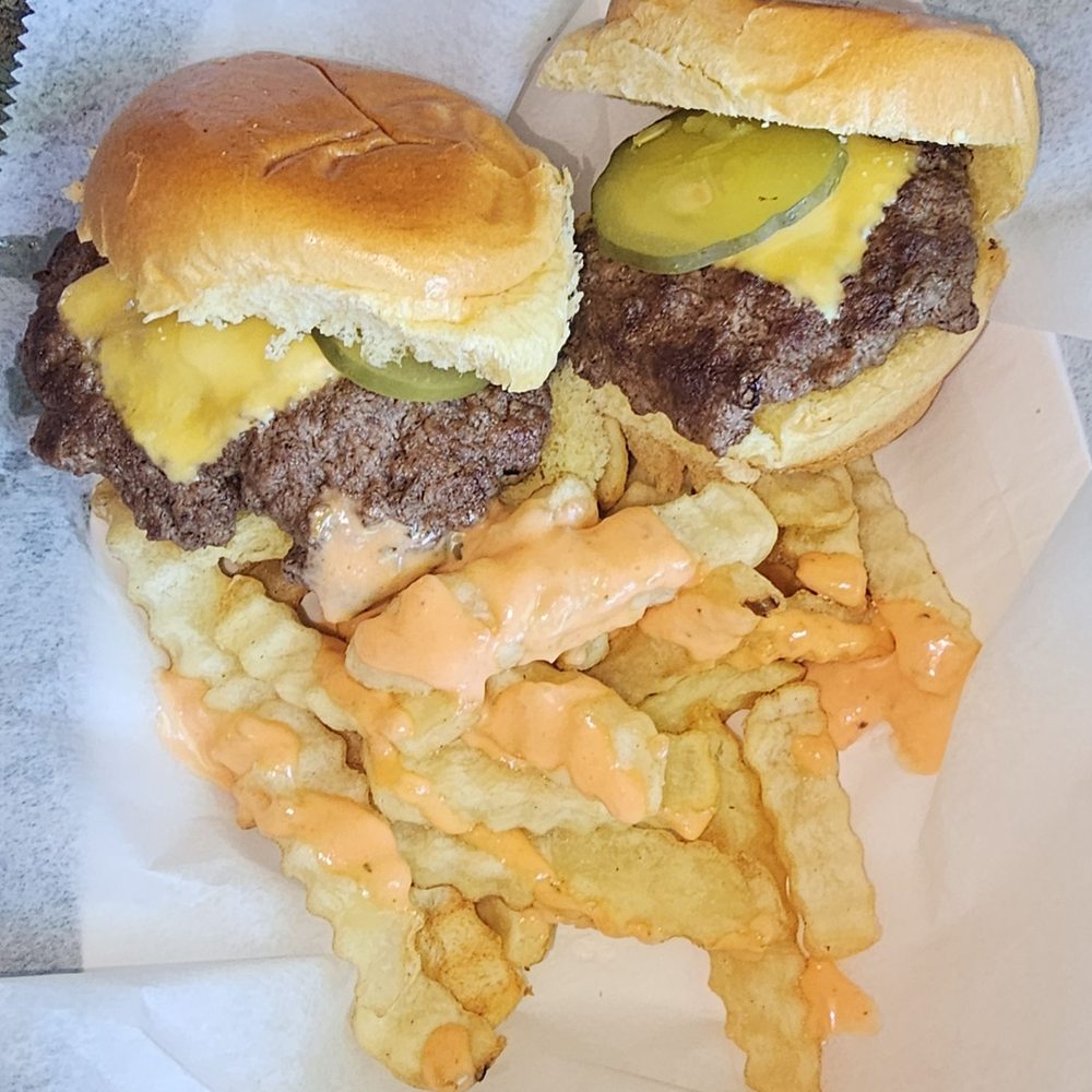 The Tiny Piney - Twin sliders with crinkle fries and The Tiney Piney's special fry sauce. - Dive Bars Near Me - Batavia, New York