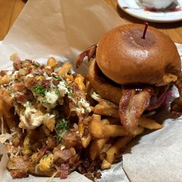 Beef Rodeo burger with chicken bacon ranch fries