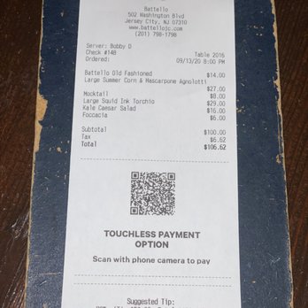 Battello - Bill receipt - Italian Near Me - Jersey City, New Jersey Battello - Bill receipt - Italian Near Me - Jersey City, New Jersey