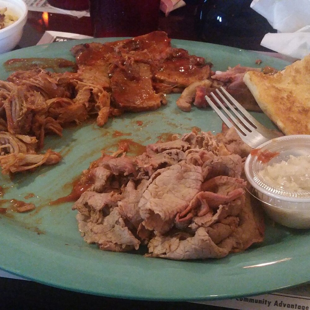 One-Eyed Jacks BBQ Restaurant - 3 meat combo..mostly done. Yay for 2 meals for the price of one! - Barbeque Near Me - Lockport, New York One-Eyed Jacks BBQ Restaurant - 3 meat combo..mostly done. Yay for 2 meals for the price of one! - Barbeque Near Me - Lockport, New York