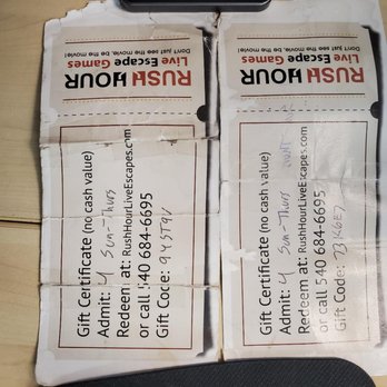 Rush Hour Live Escape Games - The certificates were folded up in my purse - Escape Games Near Me - Fredericksburg, Virginia