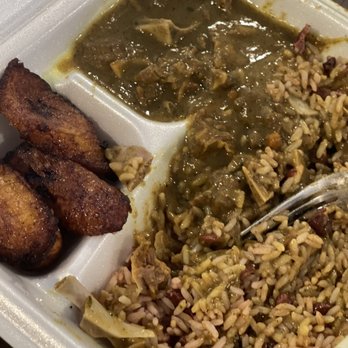 Jamaica Hut - Goat curry with side of beans and rice and plantains - Caribbean Near Me - Augusta, Georgia