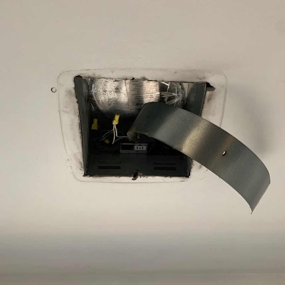 Old Bathroom Exhaust Fan removed (was screwed in from inside attic space) Old Bathroom Exhaust Fan removed (was screwed in from inside attic space)