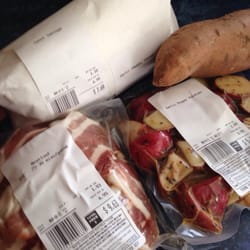 Great East Butcher Company - Sweet sausage, garlic cheddar sausage, garlic pepper potatoes, sweet potato and Bacon wrapped Meatloaf.