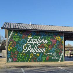 Pelham City Park - Explore Pelham sign near Volleyball courts