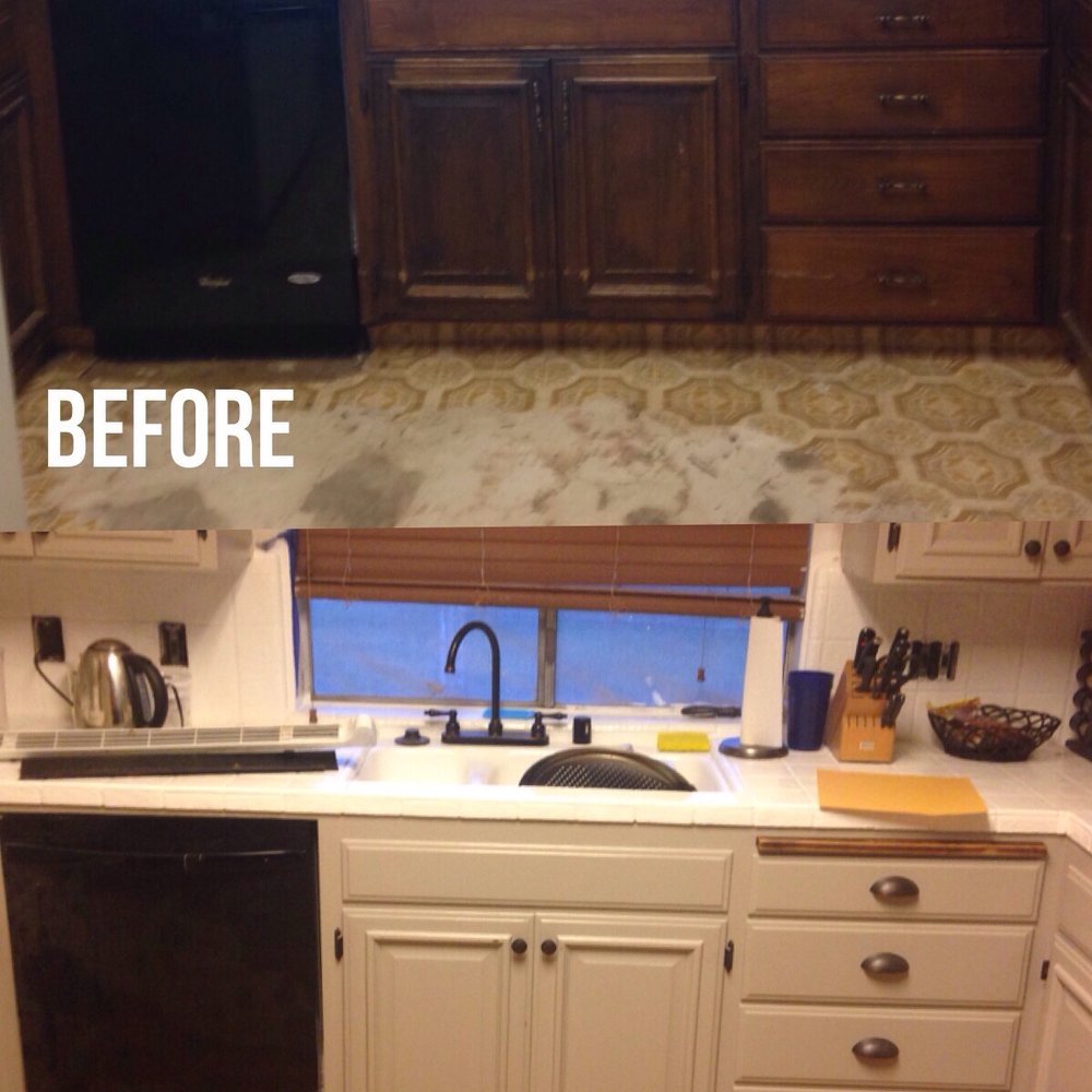 Before and after of our kitchen; a very nice vinyl faux wood floor at a great price! Before and after of our kitchen; a very nice vinyl faux wood floor at a great price!