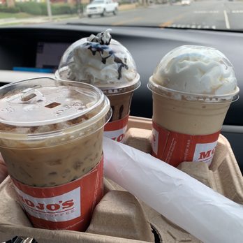 Mojo's Drive Thru Coffee - Double mocha (back left,) abba zabba (back right,) iced coffee with hazelnut and cinnamon - Coffee & Tea Near Me - Corona, California Mojo's Drive Thru Coffee - Double mocha (back left,) abba zabba (back right,) iced coffee with hazelnut and cinnamon - Coffee & Tea Near Me - Corona, California