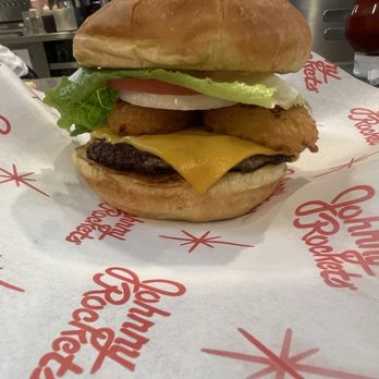 Johnny Rockets - Rocket single with added onion rings & a side of ranch thank me later :) - Diners Near Me - Anaheim, California