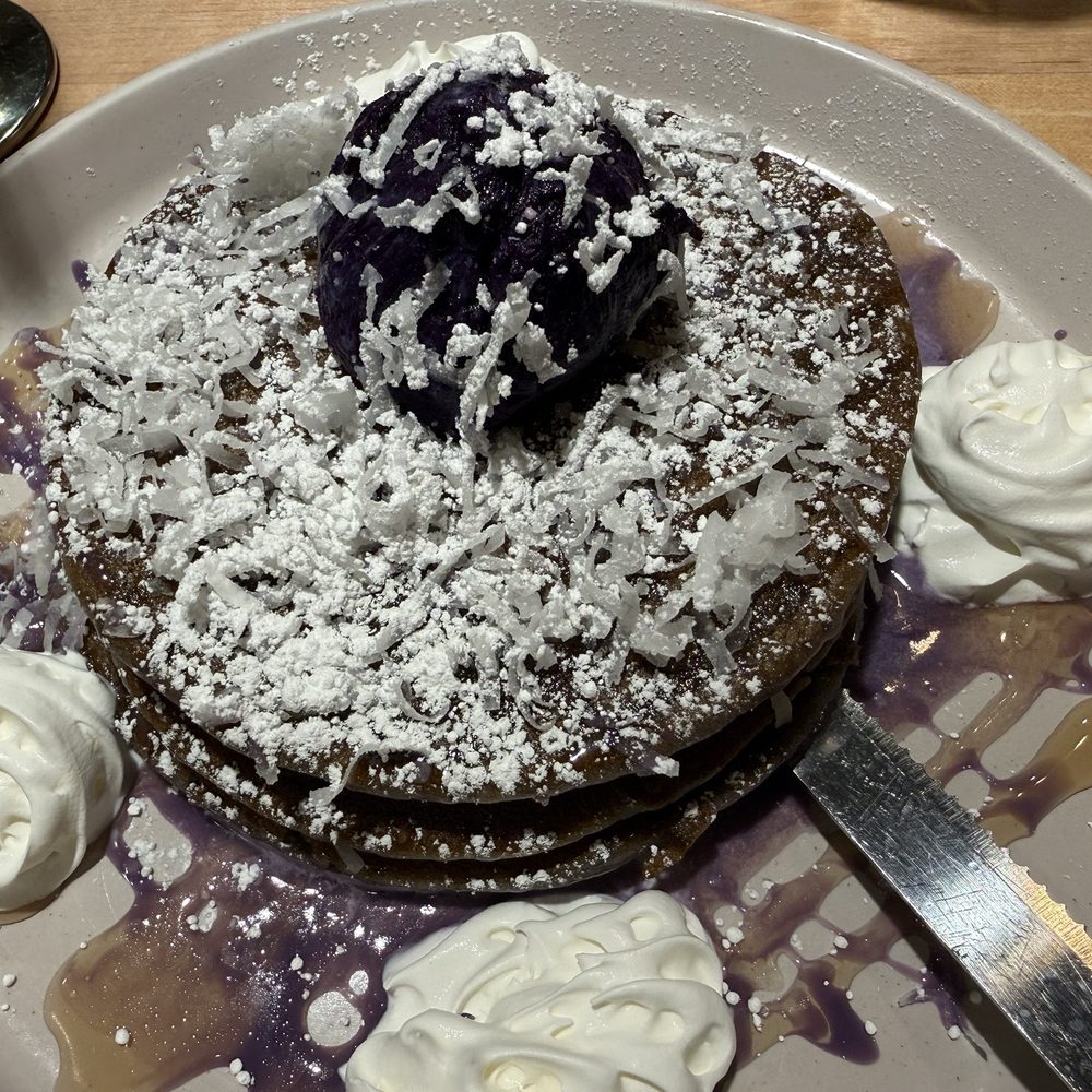 Popping Yolk Cafe - Ube Pancake Stack - Breakfast & Brunch Near Me - Pasadena, California Popping Yolk Cafe - Ube Pancake Stack - Breakfast & Brunch Near Me - Pasadena, California