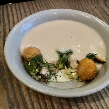 Trestle - Cauliflower soup with smoke salmon croquette. - New American Near Me - San Francisco, California Trestle - Cauliflower soup with smoke salmon croquette. - New American Near Me - San Francisco, California