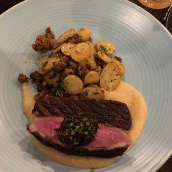 Tolon - Duck breast done medium rare with parsnip apple purée and potatoes - New American Near Me - Fort Wayne, Indiana Tolon - Duck breast done medium rare with parsnip apple purée and potatoes - New American Near Me - Fort Wayne, Indiana