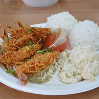 Aloha Mixed Plate - Coconut Prawn (Regular $9.95) which includes 5 shrimp, 2 scoops of rice, macaraoni salad, and shredded lettuce - Hawaiian Near Me - Lahaina, Hawaii Aloha Mixed Plate - Coconut Prawn (Regular $9.95) which includes 5 shrimp, 2 scoops of rice, macaraoni salad, and shredded lettuce - Hawaiian Near Me - Lahaina, Hawaii