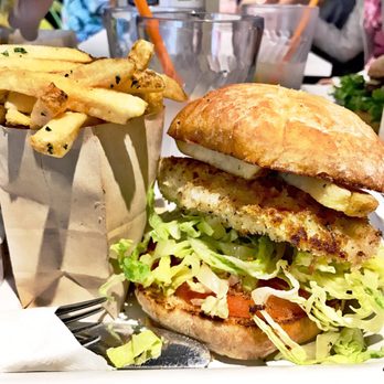 Burger Lounge - The Alaskan Cod Sandwich! Good size, and I stuck some fries inside ;) - Burgers Near Me - Coronado, California