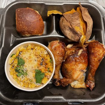 Cowboy Chicken - 3 Three Piece Dark, sweet potato and Mexican street corn with a roll. - Southern Near Me - Dallas, Texas Cowboy Chicken - 3 Three Piece Dark, sweet potato and Mexican street corn with a roll. - Southern Near Me - Dallas, Texas
