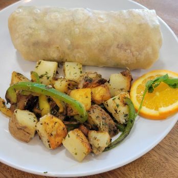 AM Goodness Cafe - Veggie burrito with potatoes. The potatoes have a delicious seasoning. My sister loved it all! - Cafes Near Me - Vista, California