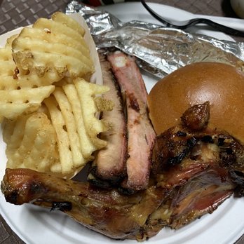 Trapper's Smokehouse - Meat platter- ribs, chicken, brisket, French fries and rolls - Smokehouse Near Me - Williamsburg, Virginia