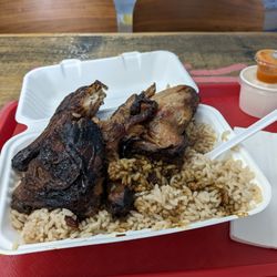 Jerk chicken and rice and peas