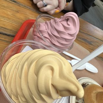 Tom Wahl's Avon - Black raspberry and peach soft serve. - Burgers Near Me - Avon, New York