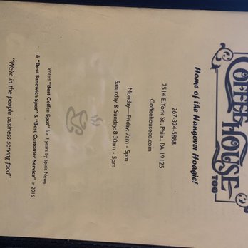 Coffee House Too - Front menu. - Breakfast & Brunch Near Me - Philadelphia, Pennsylvania Coffee House Too - Front menu. - Breakfast & Brunch Near Me - Philadelphia, Pennsylvania