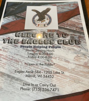 Menu photo 5 Fraternal Order of Eagles Merrill, WI