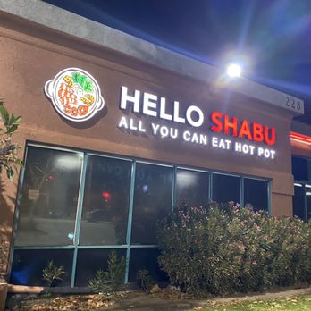 Hello Shabu - the front of a restaurant at night - Pan Asian Near Me - San Bernardino, California