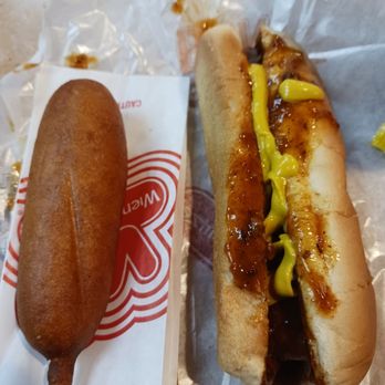 Wienerschnitzel - Corn dog and chili dog with mustard - Hot Dogs Near Me - Montclair, California Wienerschnitzel - Corn dog and chili dog with mustard - Hot Dogs Near Me - Montclair, California