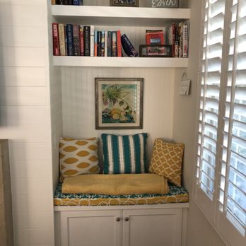 NINE 49 DESIGNS - Reading nook with floating shelves, storage bench, lighting and wood paneling. - General Contractors Near Me - Laguna Beach, California NINE 49 DESIGNS - Reading nook with floating shelves, storage bench, lighting and wood paneling. - General Contractors Near Me - Laguna Beach, California