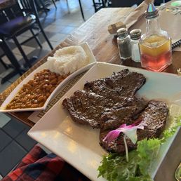 Carne asada with rice and beans