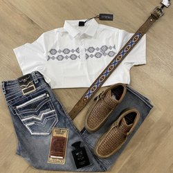 Lazo & Lace Boots and More - Outfit for men . including jeans, shirt, belt, and shoes.