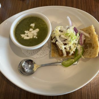 Bistro Phare 756 - Spinach, zucchini soup and half brisket sandwich. - Cafes Near Me - Louisbourg, Nova Scotia