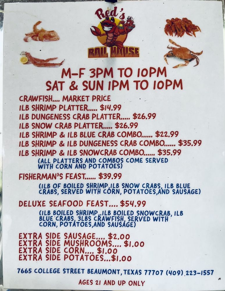 1Sept22 Red's Icehouse menu, tasty every day seafood boil. MF 3pm
