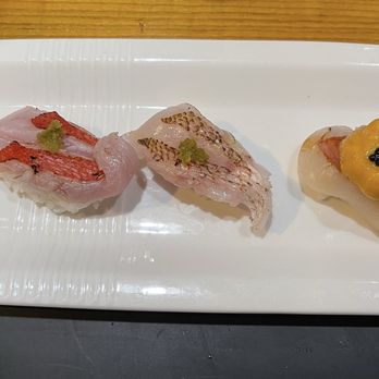 Ken's Japanese Restaurant - Part of Omakase - from L to R : Golden eye snapper, sea perch, Hokkaido scallop topped with uni and caviar - Japanese Near Me - Rancho Cucamonga, California Ken's Japanese Restaurant - Part of Omakase - from L to R : Golden eye snapper, sea perch, Hokkaido scallop topped with uni and caviar - Japanese Near Me - Rancho Cucamonga, California