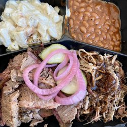 Buckethead BBQ - 06.01.22 3-meat combo plate w/ 2 sides (brisket and pulled pork, sides: potato salad and baked beans)