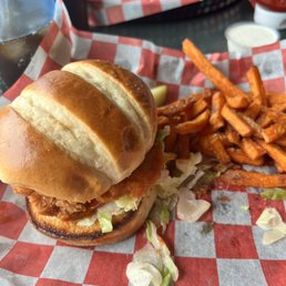 Buffalo chicken sandwich and sweet potato fries