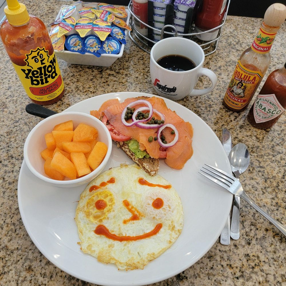 Eggsquisite Cafe - Salmon Avocado Toast breakfast w/ melon option - Breakfast & Brunch Near Me - McKinney, Texas