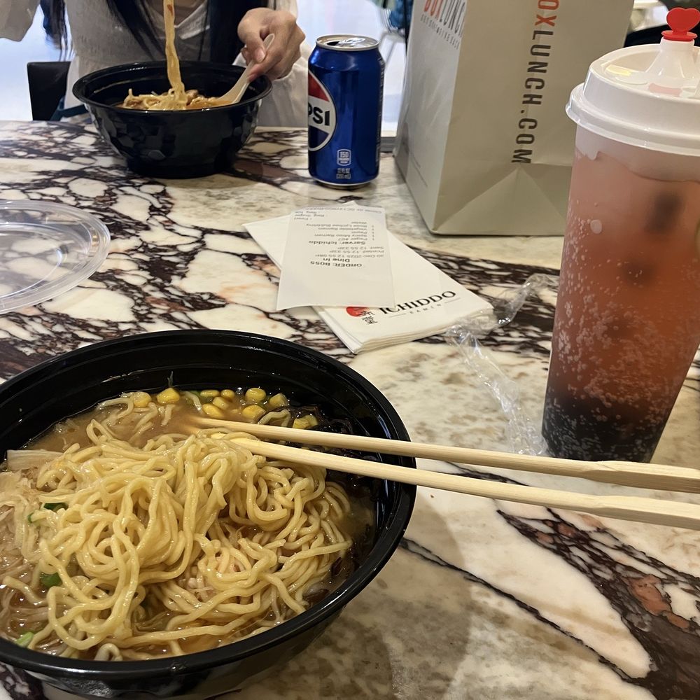 21. Vegetable Ramen and rose lychee sparkling boba tea 21. Vegetable Ramen and rose lychee sparkling boba tea