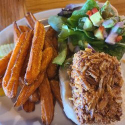 Skipper's Landing Restaurant - Potato chip mahi mahi crusted sandwich with sweet potato fries!