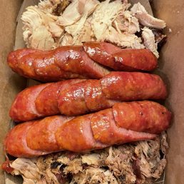 Any Three Meat Combo Smoked Hot Italian Sausage, pulled pork, pulled chicken