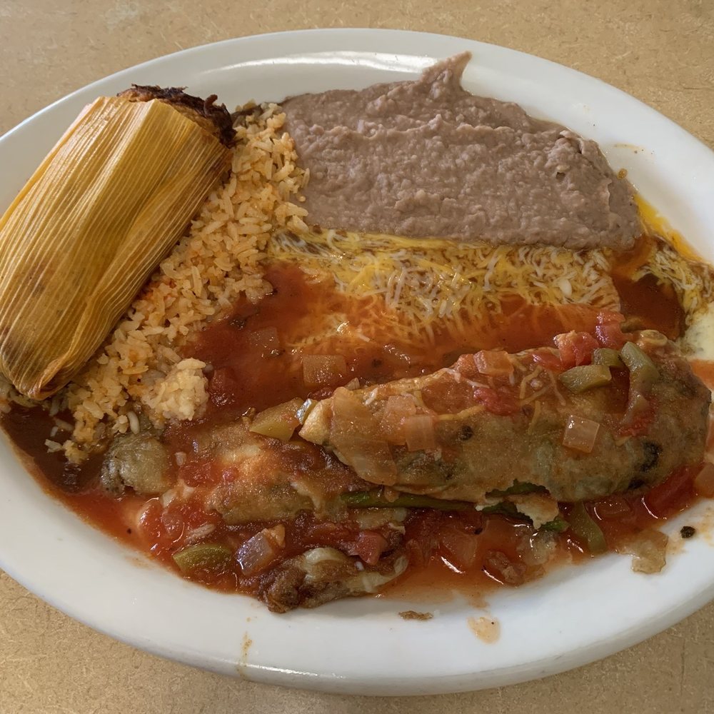Sofia's special: Chilie rellano, enchiladas, tamales with rice and beans