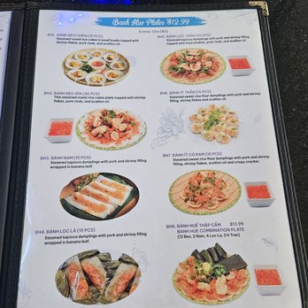O Lien Kitchen - A menu page from a Vietnamese restaurant features dishes like Banh Hue Plates, Banh Bèo, Bánh Ít Trần, and Bánh Nậm, with prices and descriptions. - Vietnamese Near Me - Denver, Colorado