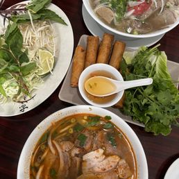 Pho (top), pork eggrolls (middle), bun bo hue (bottom)