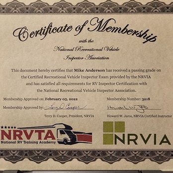 GranDudes Mobile RV Services - Certificate of Membership for certified recreational vehicle inspector - RV Repair Near Me GranDudes Mobile RV Services - Certificate of Membership for certified recreational vehicle inspector - RV Repair Near Me