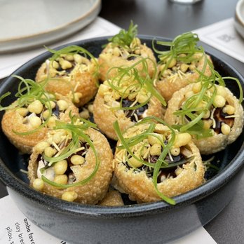Amba - crispy puris potato salad, zhug raita, tamarind, green onion (VEG) -- 13 - Indian Near Me - Cleveland, Ohio