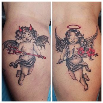 Red Queen Studio PDX - Devil and angel calf pieces. Black and grey with popps of red. - Tattoo Near Me - Tigard, Oregon Red Queen Studio PDX - Devil and angel calf pieces. Black and grey with popps of red. - Tattoo Near Me - Tigard, Oregon
