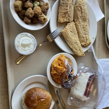 Piccadilly - Southern Fried Fish, Carrot Souffle, hush puppies, Soft Roll, and red velvet cake - Southern Near Me - Fayetteville, Georgia Piccadilly - Southern Fried Fish, Carrot Souffle, hush puppies, Soft Roll, and red velvet cake - Southern Near Me - Fayetteville, Georgia